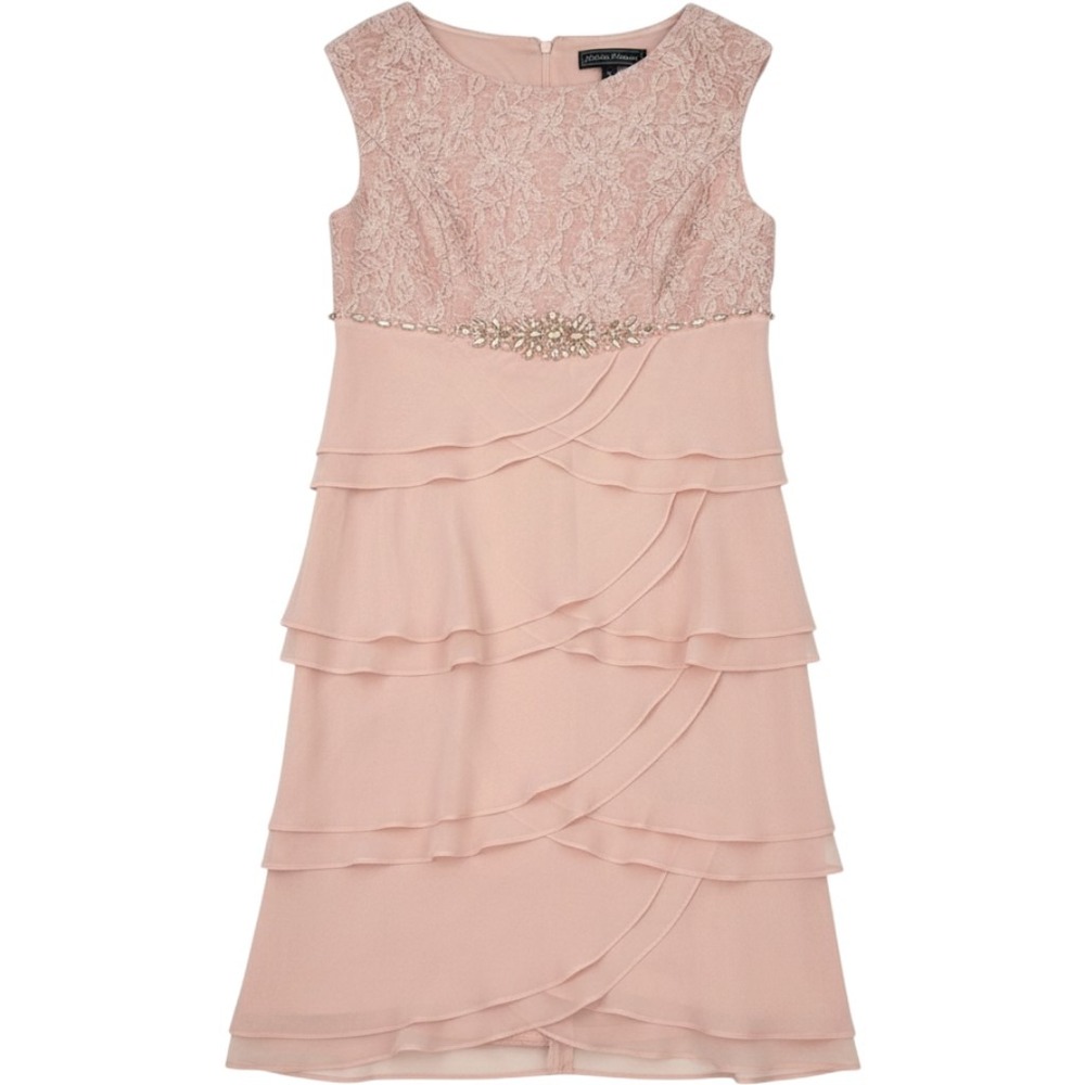 Jessica Howard Blush Pink Lace Tiered Chiffon Cocktail Dress 8P Embellished